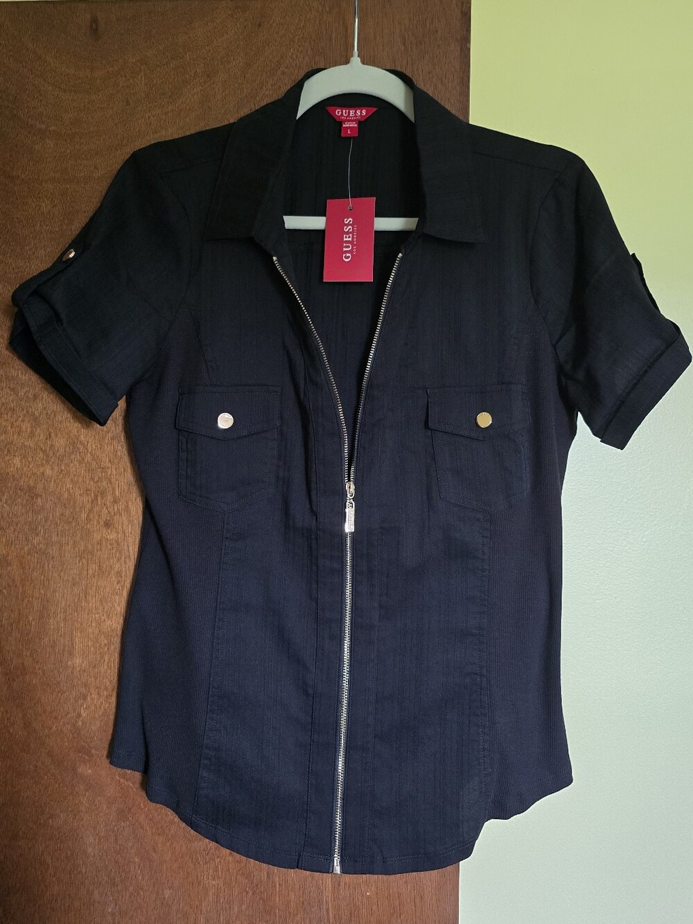 GUESS Short Sleeve Black Zip-Front Shirt